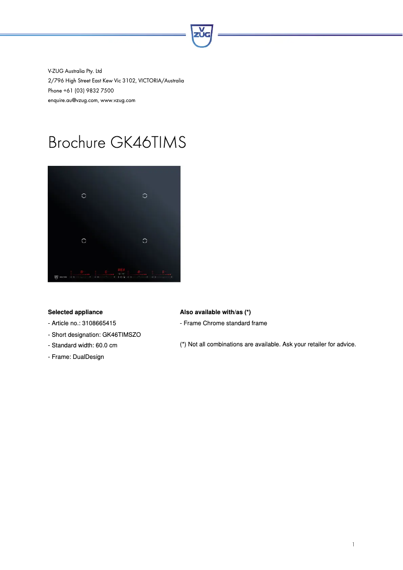 Page 1 de la notice Fiche technique V-Zug GK46TIMS