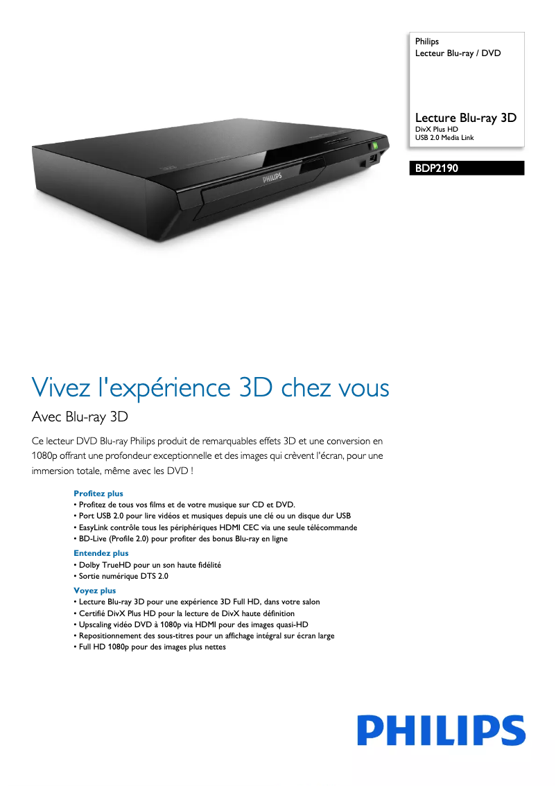 Page 1 de la notice Fiche technique Philips BDP2190