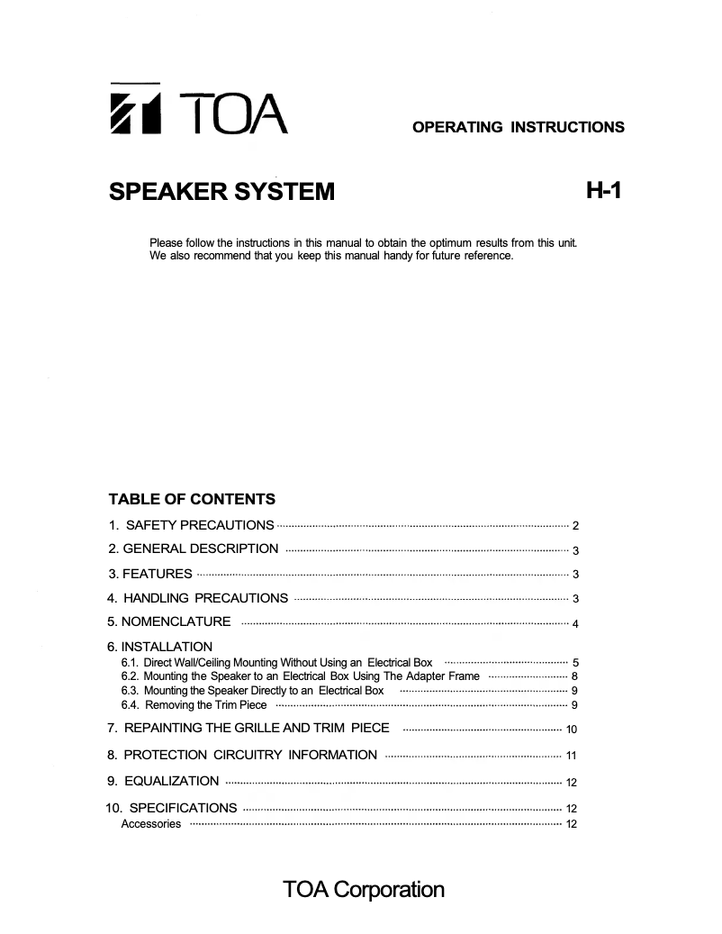 Page n°1 - Manuel utilisateur TOA H-1 EX