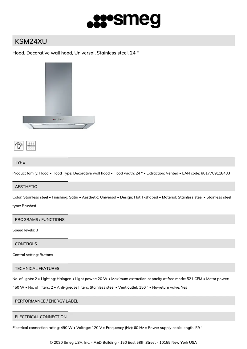 Page 1 de la notice Fiche technique Smeg KSM24XU
