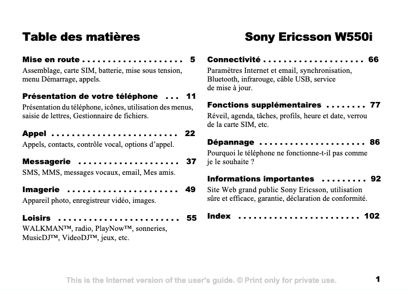 Page 1 de la notice Manuel utilisateur Sony Ericsson W550i