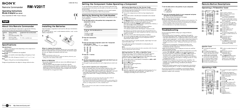 Page n°1 - Manuel utilisateur Sony RM-V201T