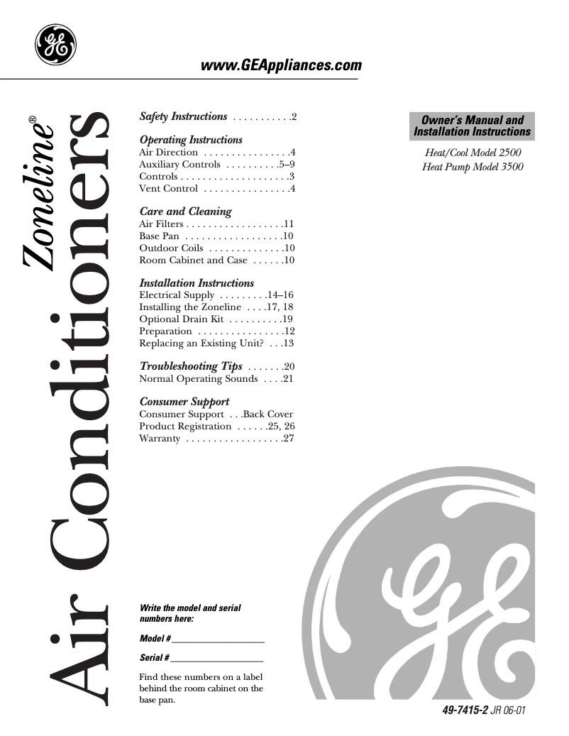 Page 1 de la notice Manuel d'utilisation et d'entretien GE AZ35H15E3D