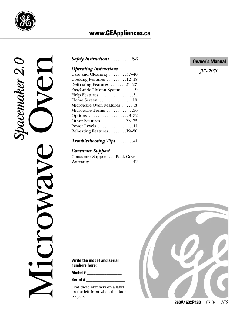 Page 1 de la notice Manuel utilisateur GE JVM2070SKC