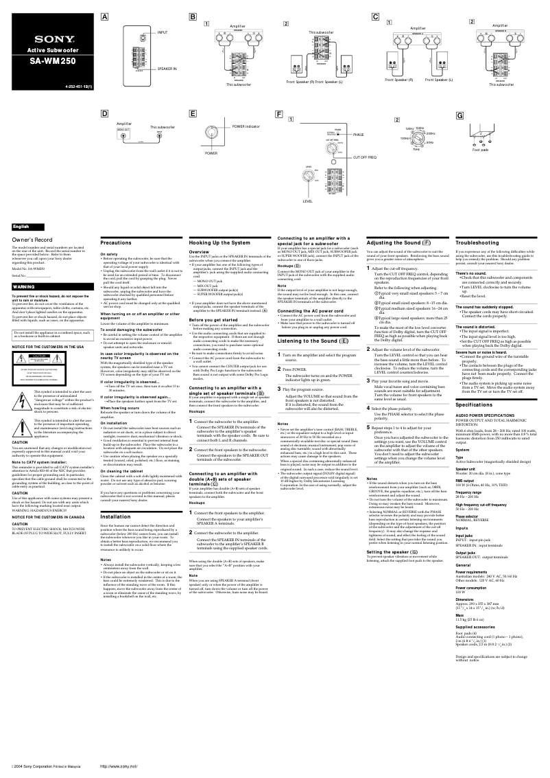 Page n°1 - Manuel utilisateur Sony SA-WM250