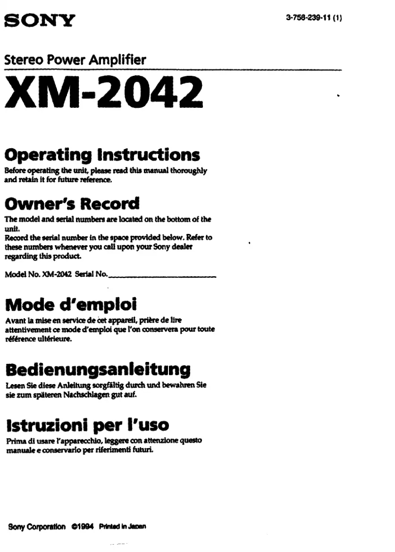 Page 1 de la notice Manuel utilisateur Sony XM-2042