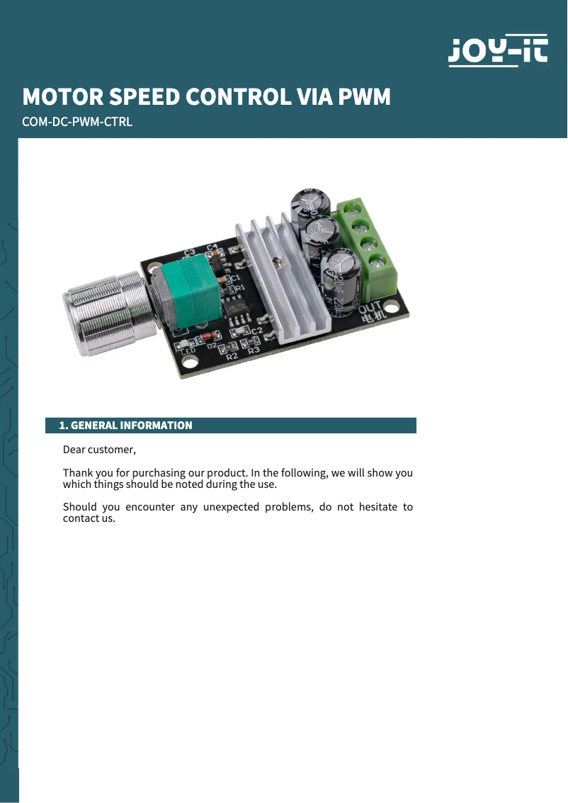 Page 1 de la notice Manuel utilisateur Joy-It COM-DC-PWM-Ctrl