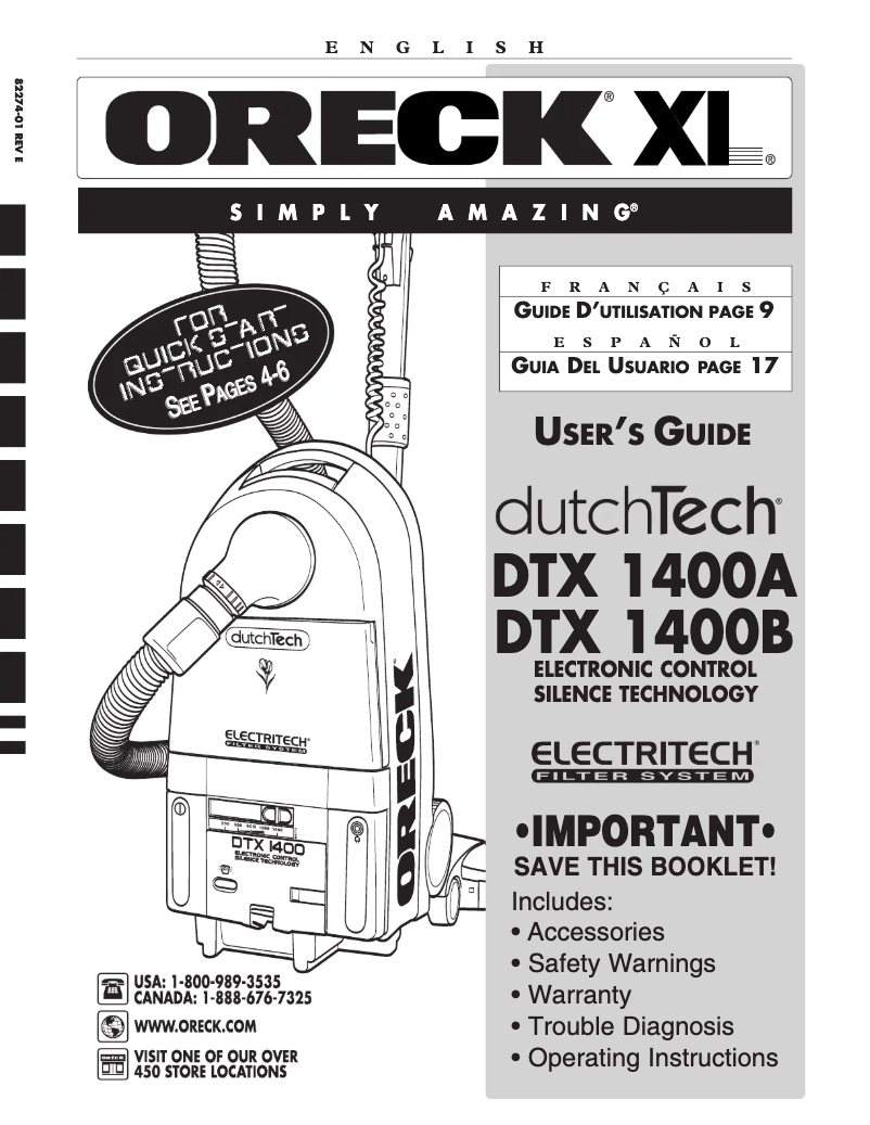 Página 1 del manual Manual de usuario Oreck Dutchtech DTX1400