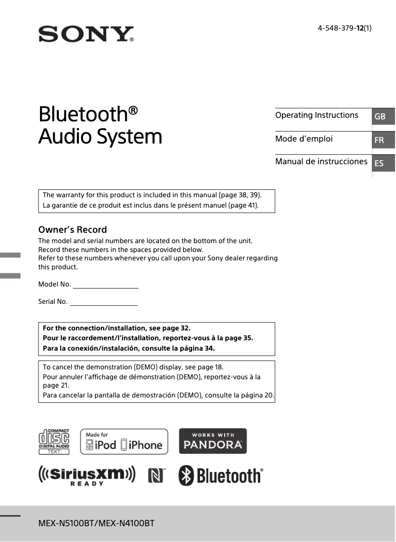 Page 1 de la notice Manuel utilisateur Sony MEX-N5100BT