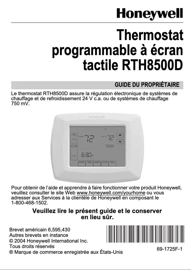 Page 1 de la notice Manuel utilisateur Honeywell RTH8500D