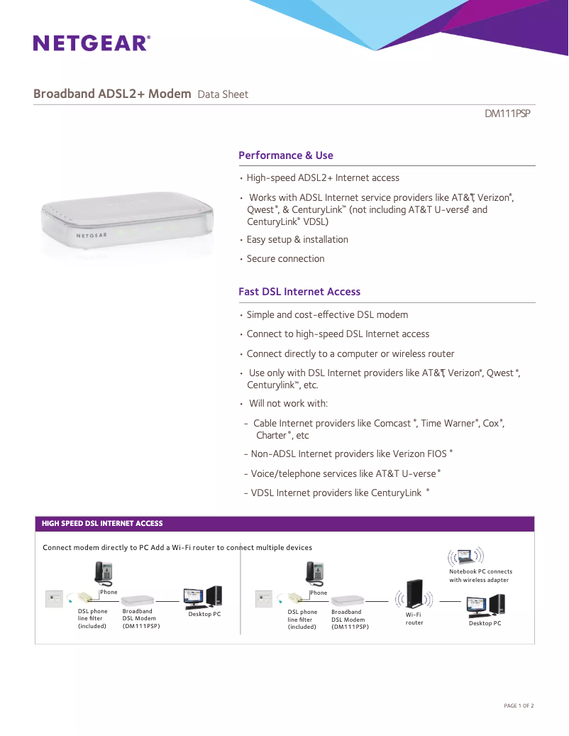 Page 1 de la notice Fiche technique Netgear DM111PSPv2