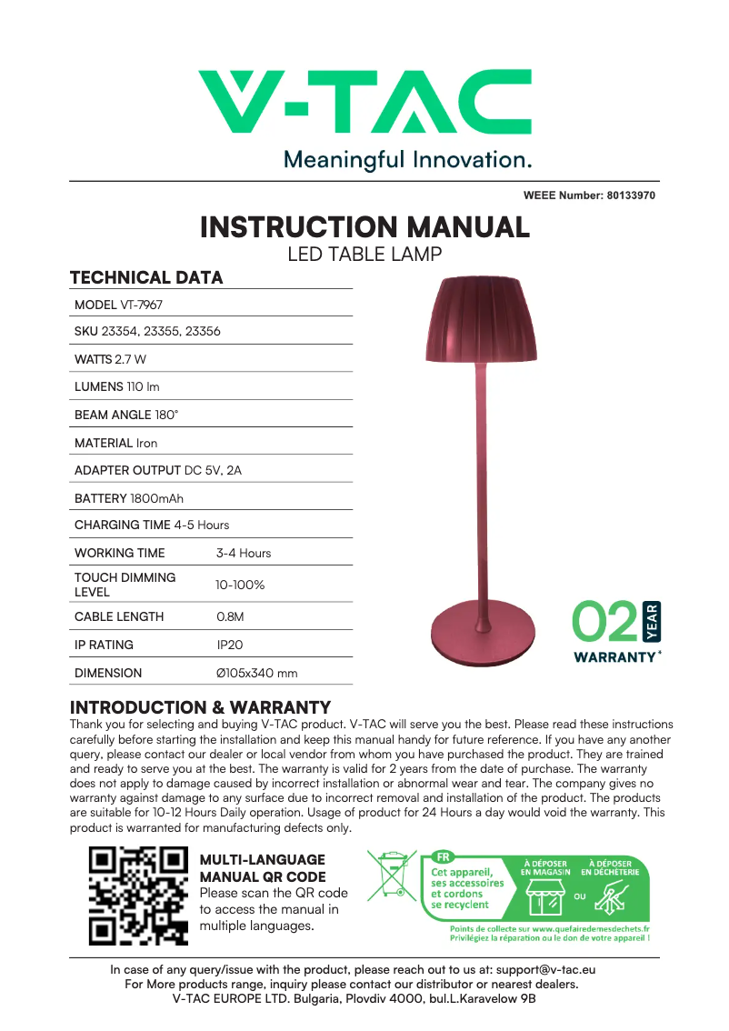 Page 1 de la notice Manuel utilisateur V-TAC VT-7967