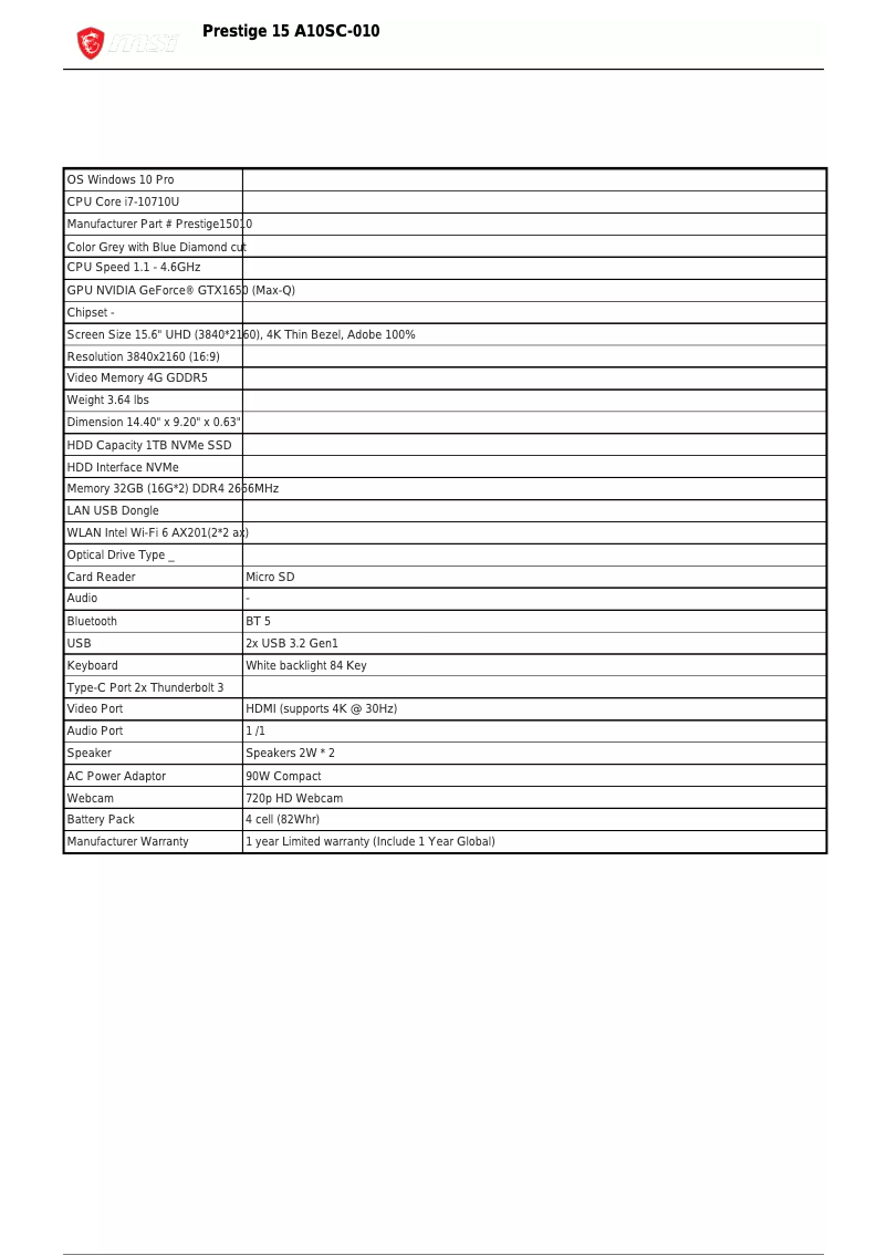 Page n°1 - Fiche technique MSI Prestige 15