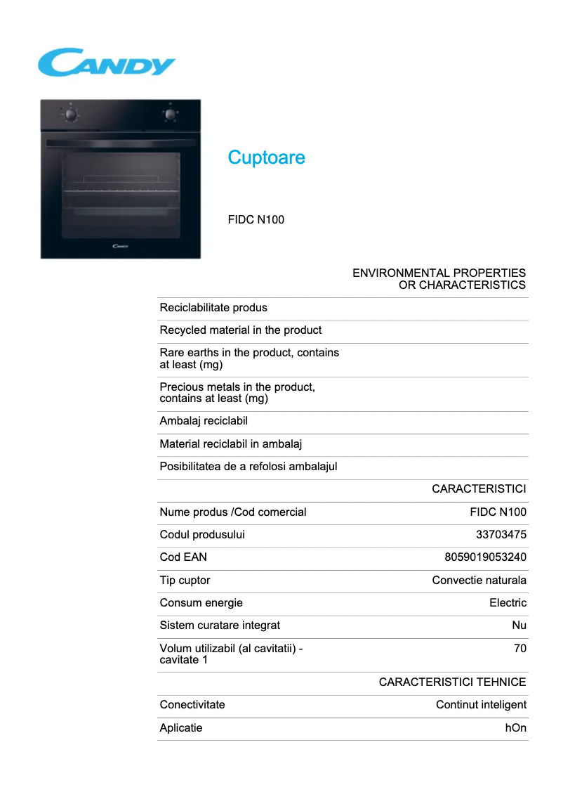 Page 1 de la notice Fiche technique Candy FIDC N100