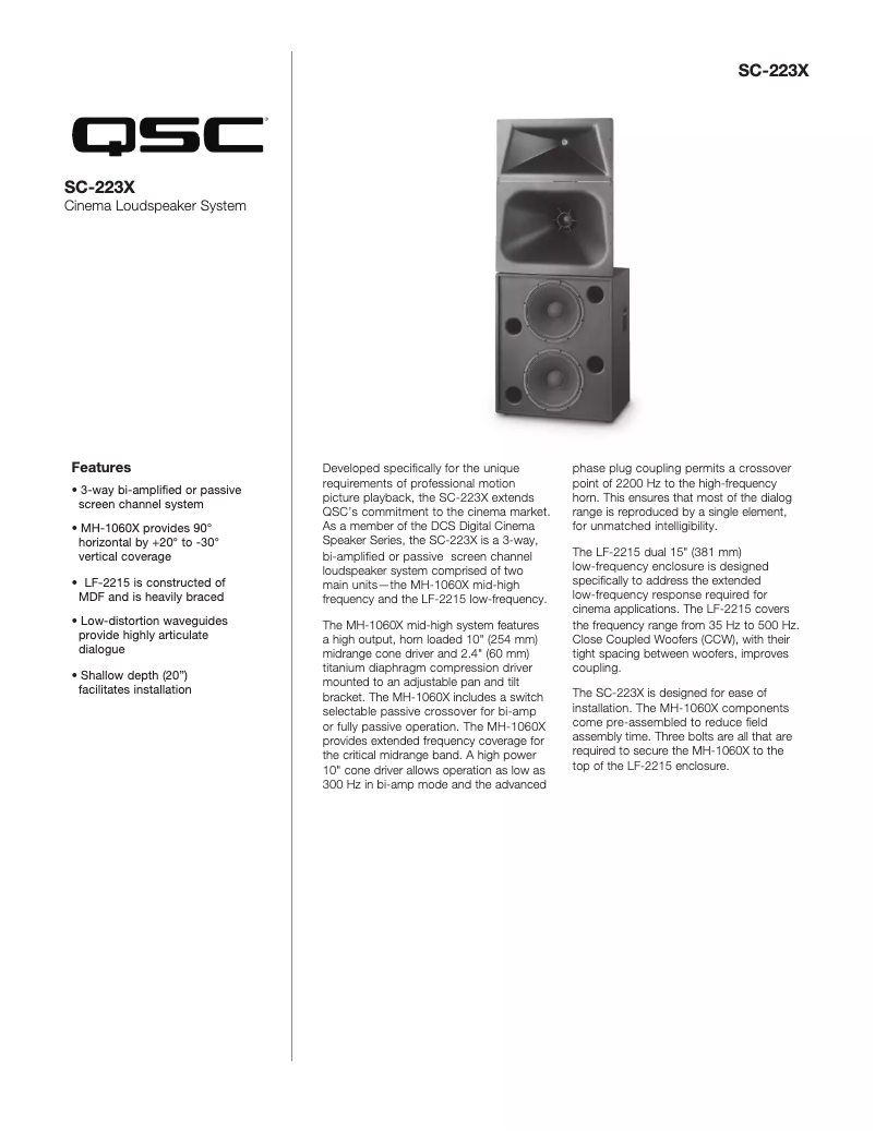 Page 1 de la notice Fiche technique QSC SC-223X