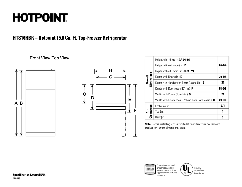 Page n°1 - Fiche technique Hotpoint HTS16HBRCC