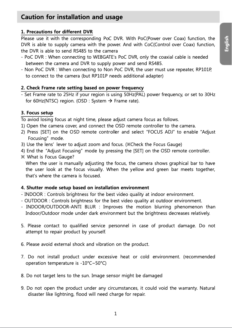 Page 1 de la notice Manuel utilisateur Webgate C1080PBL-IR48-AF