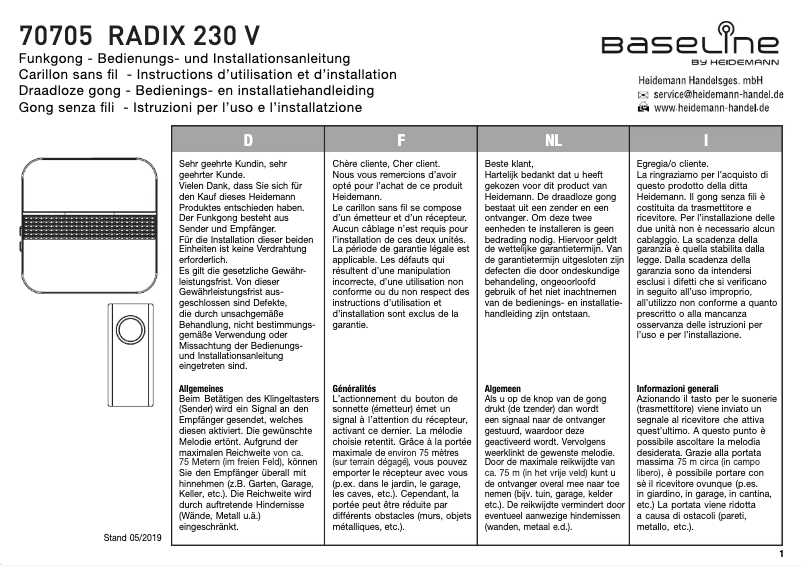 Page n°1 - Manuel utilisateur Baseline Radix 230 V 70705
