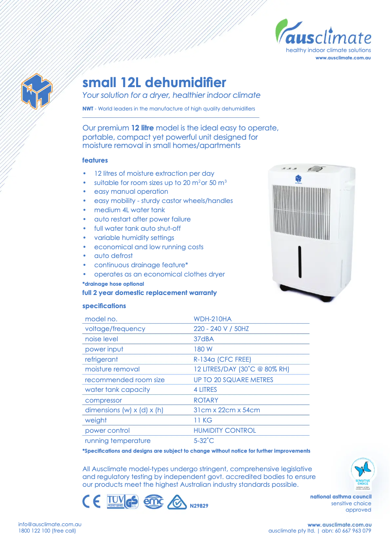 Page 1 de la notice Fiche technique Ausclimate WDH-210HA