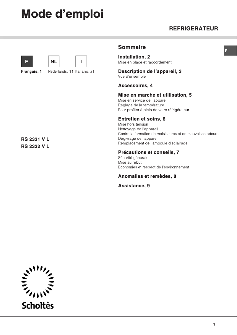 Page 1 of the manual User Manual Scholtès RS 2332 L