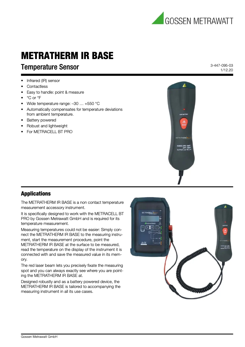 Page 1 de la notice Fiche technique Gossen Metrawatt METRATHERM IR BASE