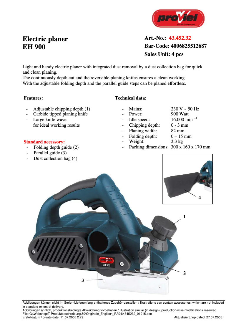 Page n°1 - Manuel utilisateur Proviel EH 900