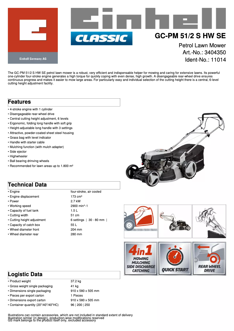 Page 1 de la notice Fiche technique Einhell GC-PM 51/2 S HW SE