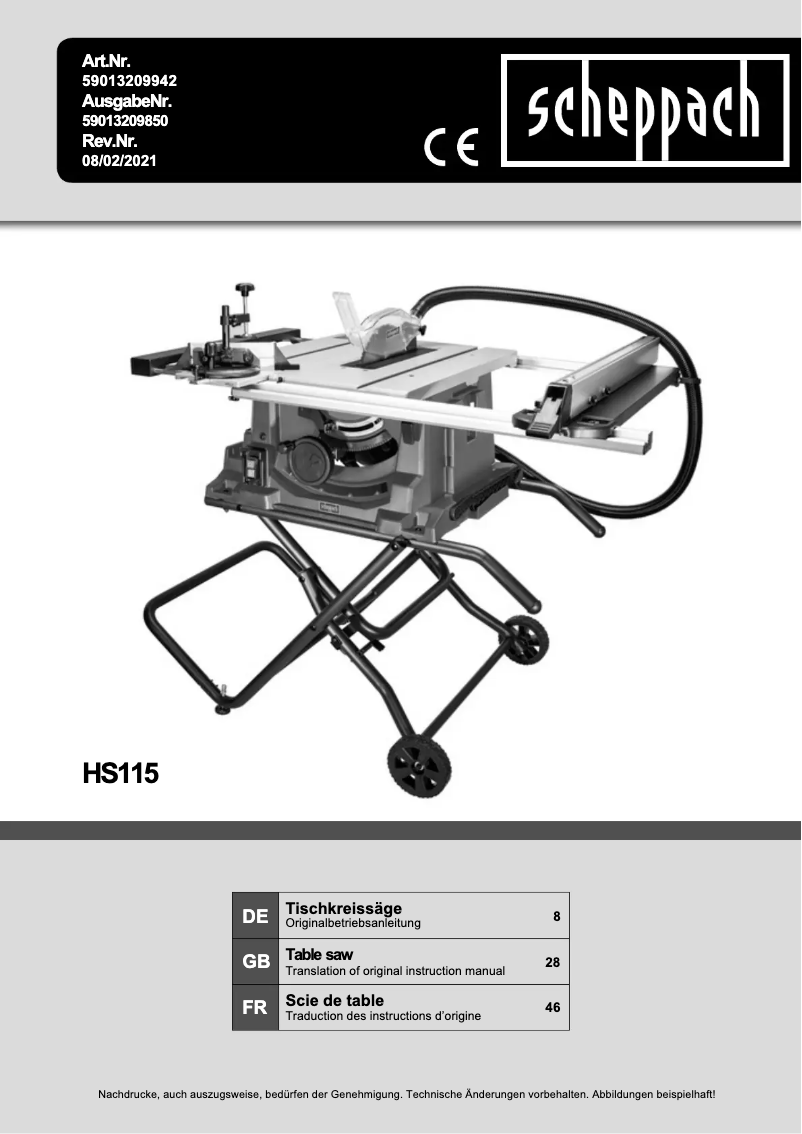 Page 1 de la notice Manuel utilisateur Scheppach HS115