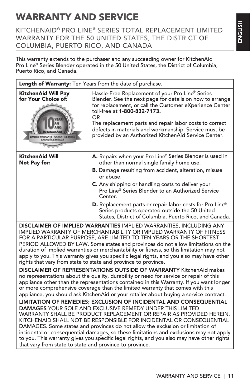Page n°1 - Informations de garantie KitchenAid Pro Line KSB8270