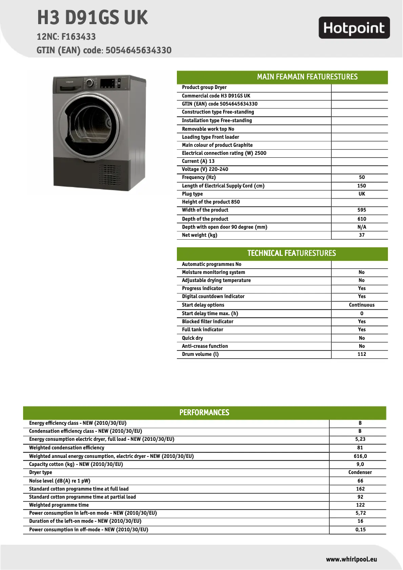 Page n°1 - Fiche technique Hotpoint H3 D91GS UK