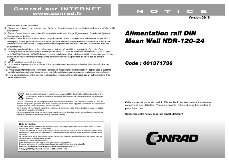 Page 1 de la notice Manuel utilisateur Mean Well NDR-120-24