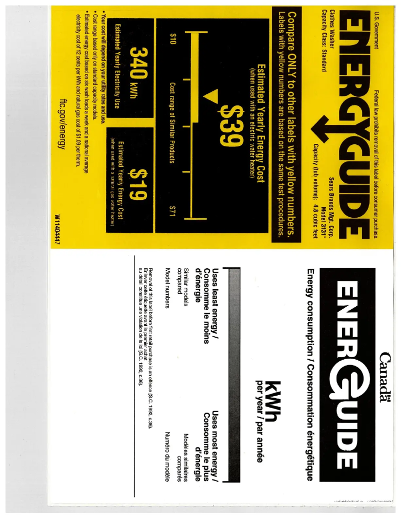 Page 1 de la notice Label énergétique Kenmore 31312