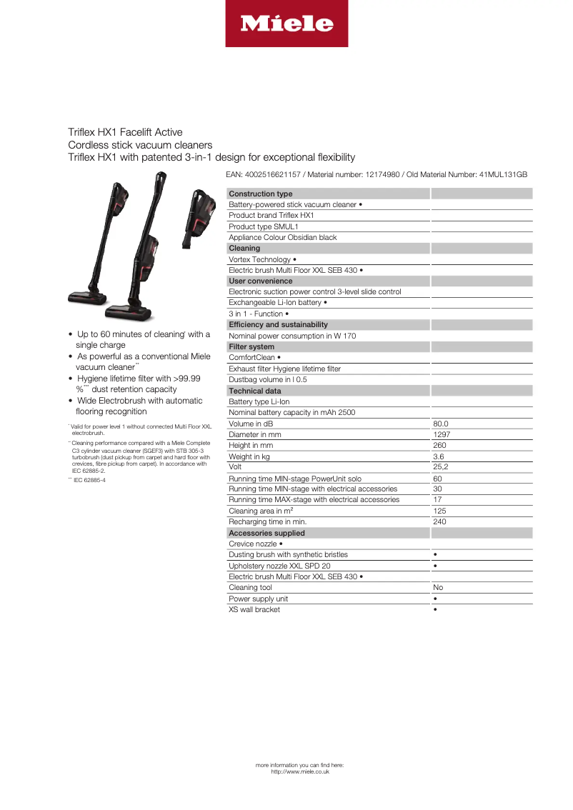 Página 1 del manual Ficha técnica Miele Triflex HX1 Facelift Active
