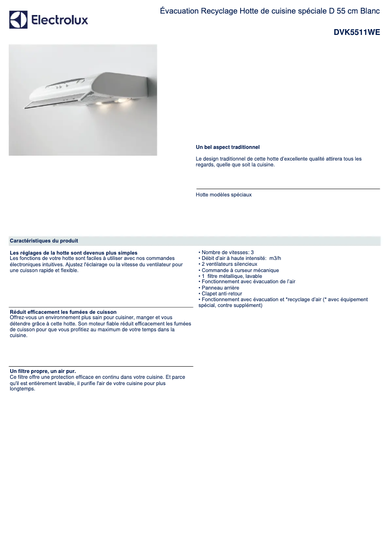 Page 1 de la notice Fiche technique Electrolux DVK5511WE