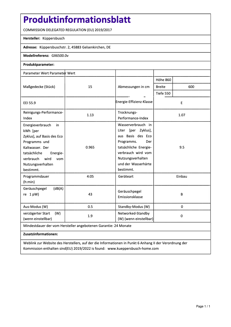 Page 1 de la notice Label énergétique Küppersbusch GX 6500.0v