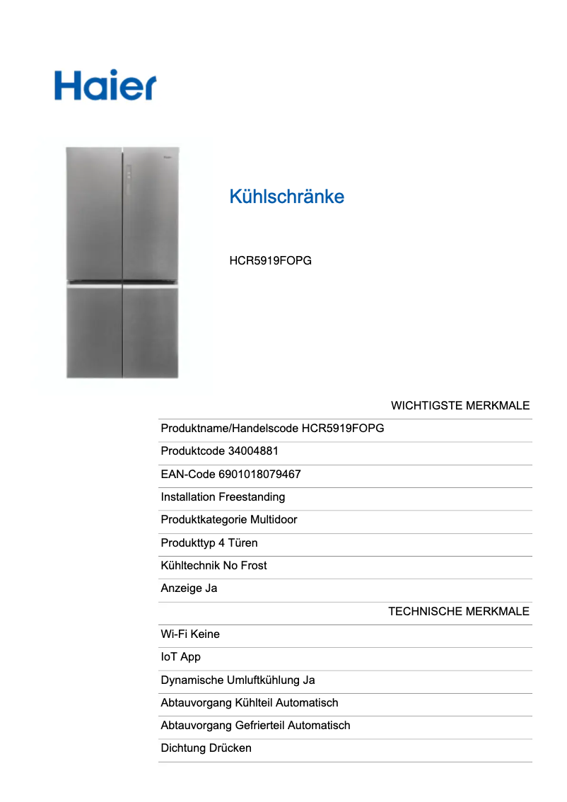Page n°1 - Label énergétique Haier HCR5919FOPG