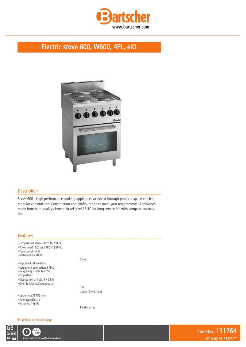 Page n°1 - Fiche technique Bartscher 131764