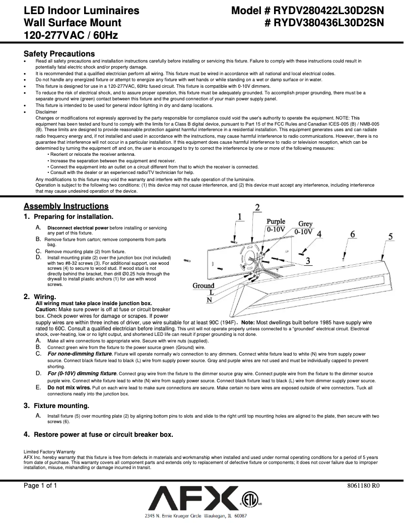 Page n°1 - Manuel utilisateur AFX Ryland RYDV380436L30D2SN