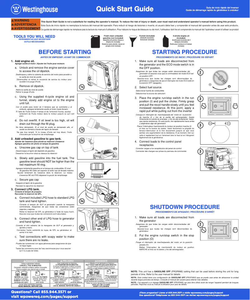 Page 1 de la notice Guide de démarrage rapide Westinghouse iGen4000DFcv