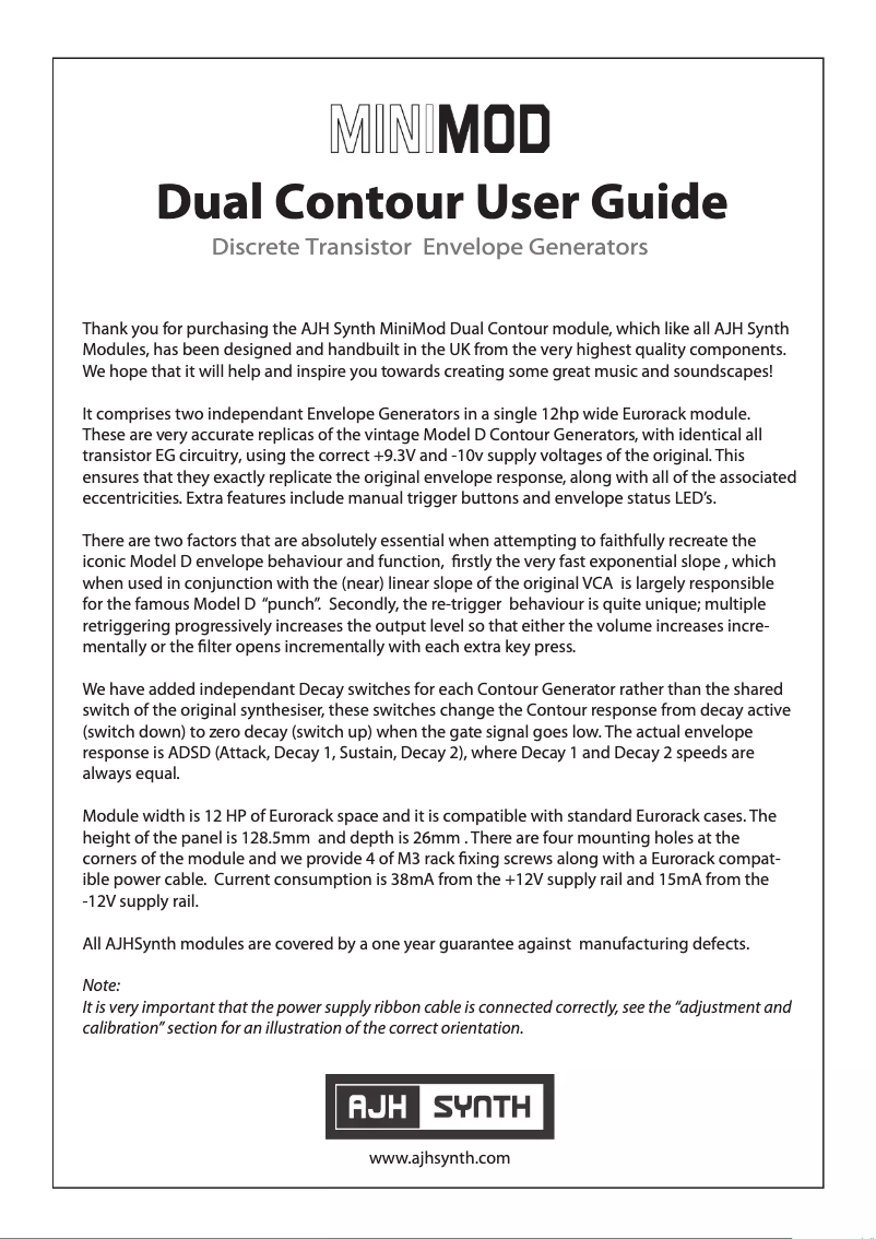 Page 1 de la notice Manuel utilisateur AJH Synth Dual Contour