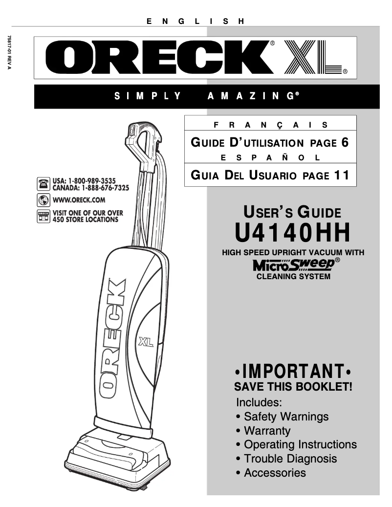 Page n°1 - Manuel utilisateur Oreck XL ProPlus1 U4140