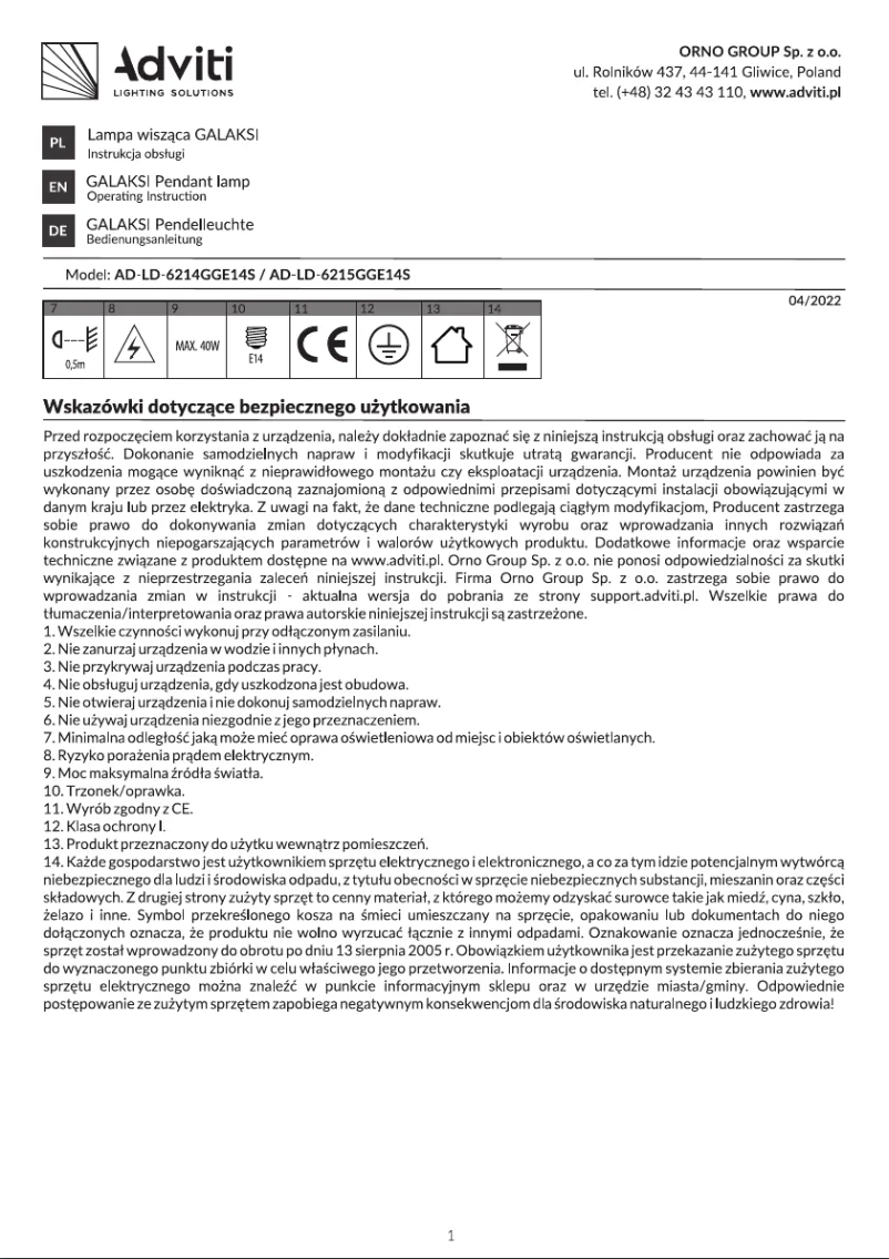 Page 1 de la notice Manuel utilisateur Adviti AD-LD-6215GGE14S