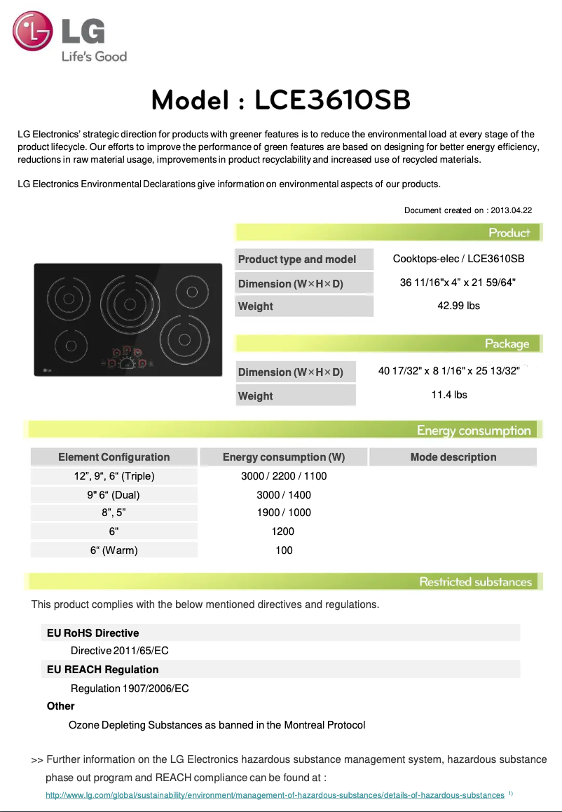 Page 1 de la notice Fiche technique LG LCE3610SB