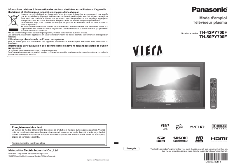 Page 1 de la notice Manuel utilisateur Panasonic Viera TH-42PY700F