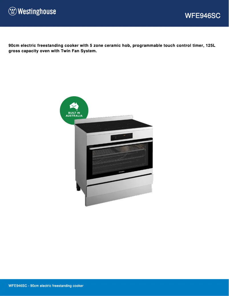 Page 1 de la notice Fiche technique Westinghouse WFE946SC