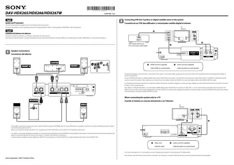 Page 1 de la notice Guide d'installation Sony DAV-HDX265