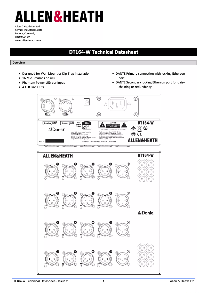 Page 1 de la notice Fiche technique Allen & Heath DT164-W
