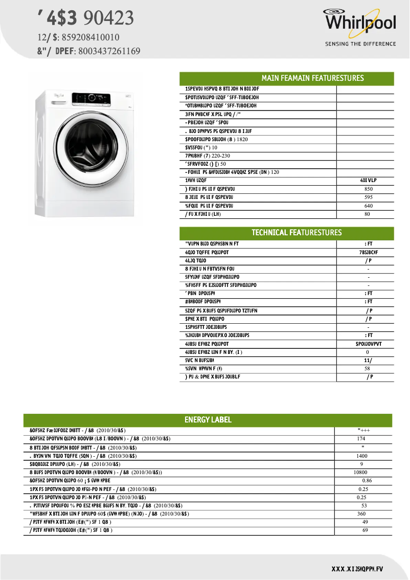 Page 1 de la notice Fiche technique Whirlpool FSCR90423