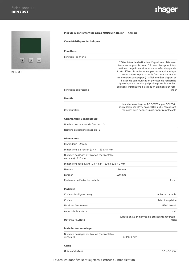 Page 1 de la notice Fiche technique Hager REN705T