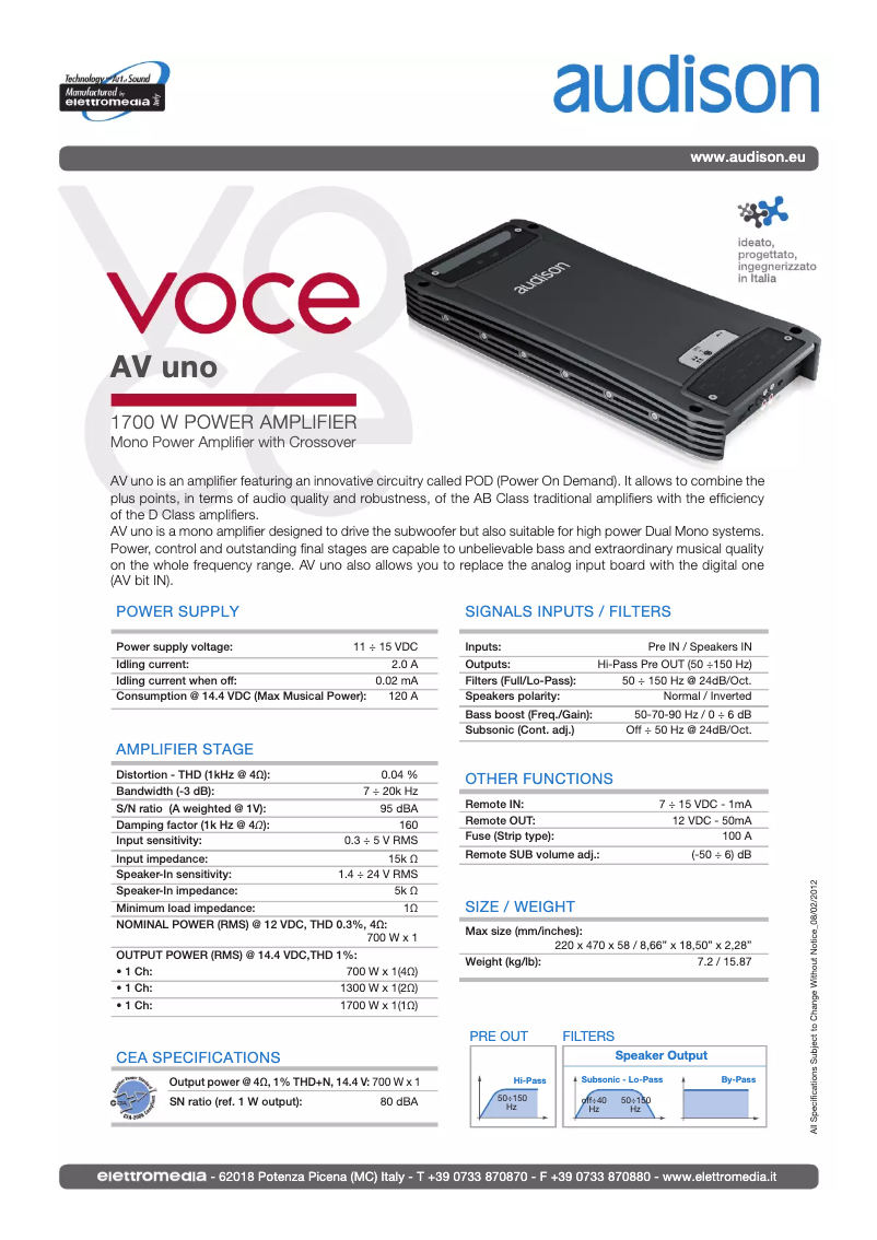 Page 1 de la notice Fiche technique Audison VOCE AV uno
